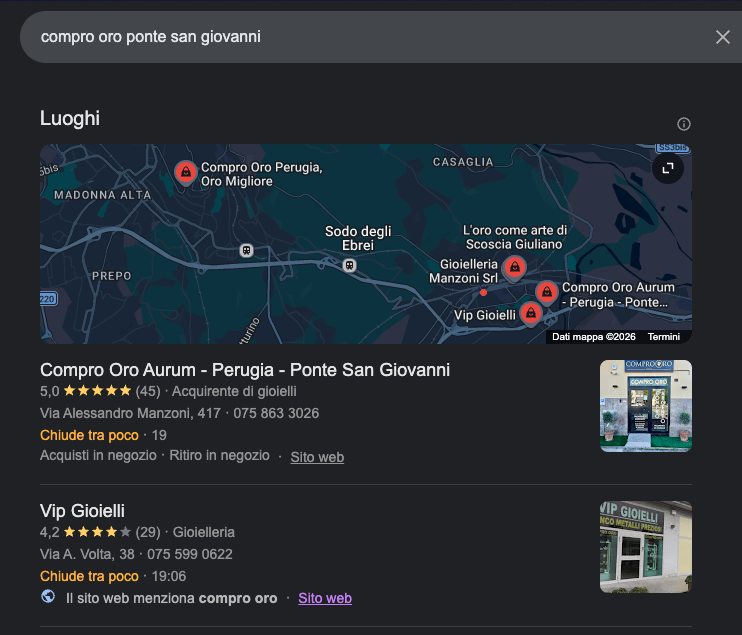 Risultato di ricerca Google su mobile per 'compro oro Ponte San Giovanni' con la scheda dell'attività in evidenza nel Local Pack